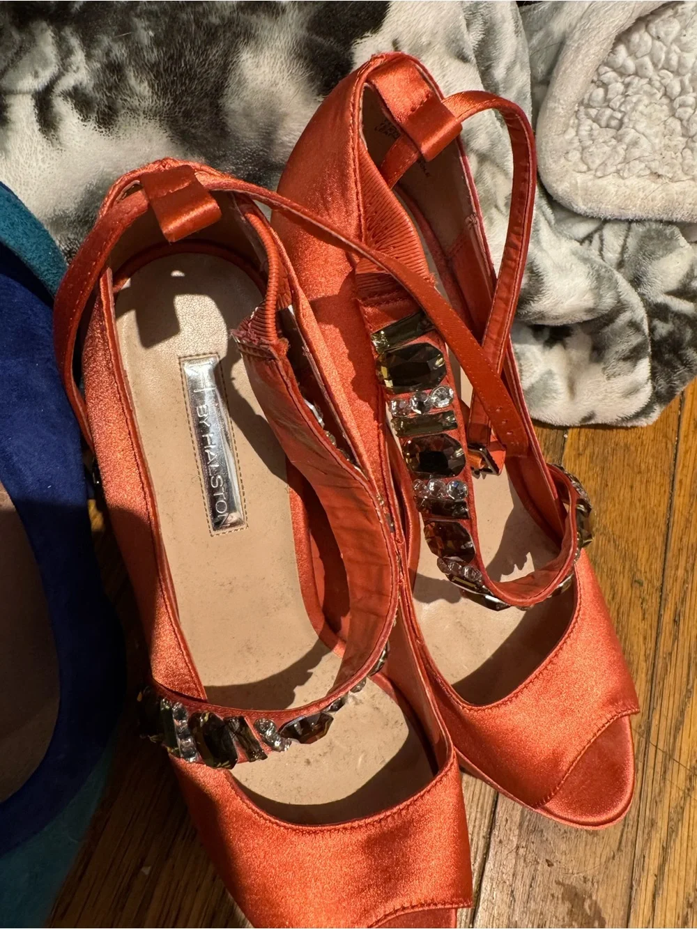 Blue & Teal Suede Peep-Toe Heels with Ankle Strap Halston heels